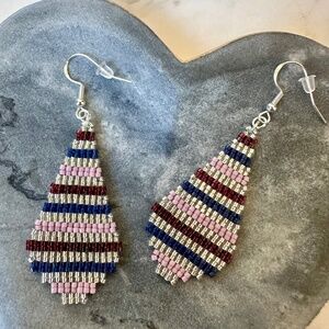 Pink and Silver Seed Bead Earrings Handwoven Beaded Earrings Gift for Her